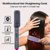 A hand is using a multifunctional hair straightening comb on dark hair to create a hairstyle.