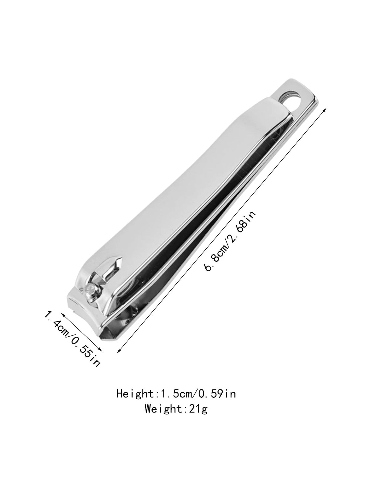 A silver stainless steel nail clipper with dimensions 6.8cm long and 1.5cm high.