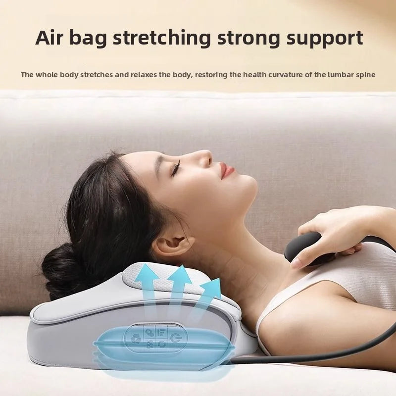 A woman is using an air bag stretching support pillow for the neck and back muscles.