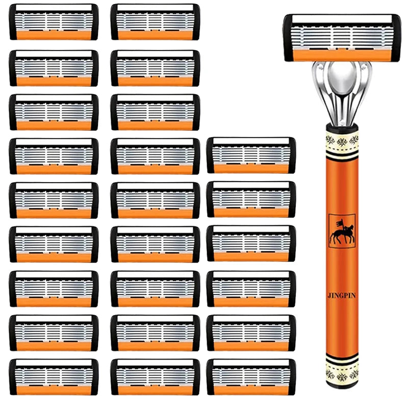 Un ensemble de rasoirs de sécurité multi-couches de précision dans un emballage orange et noir.