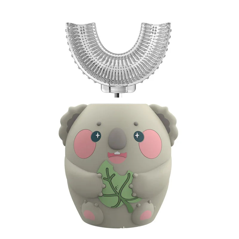 A gray elephant-shaped silicone toothbrush head with a silver sonic brush attachment.
