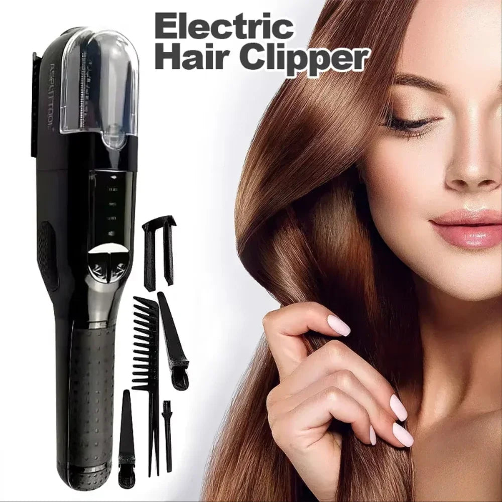A woman is using an electric hair clipper on her long brown hair, with various grooming tools displayed nearby.