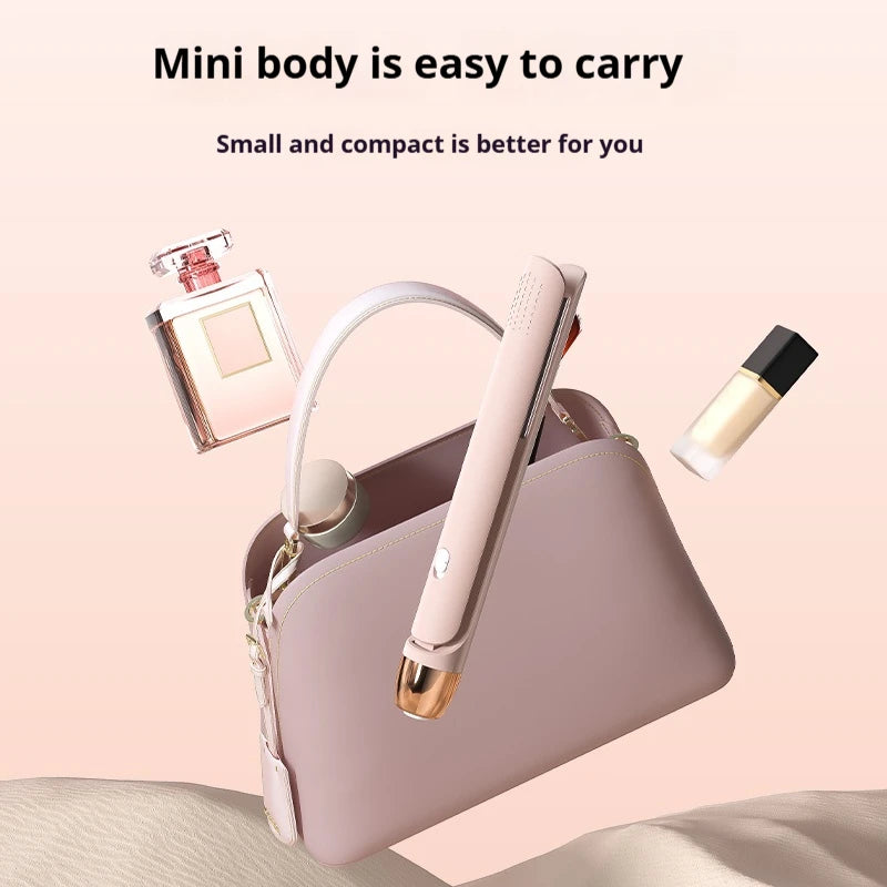 A pink cosmetic bag is shown with a ceramic hair straightener and curler inside, emphasizing its small and compact design.