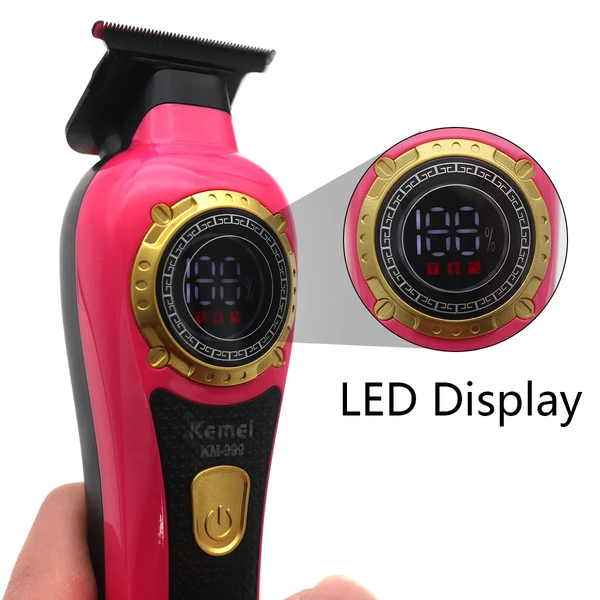 A pink cordless hair trimmer with a gold accent and an LED display showing 100% battery.
