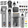 A collection of multi-function electric grooming tools including trimmers, clippers, and styling combs in silver and black.
