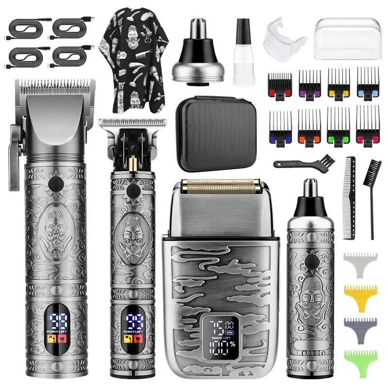 A collection of multi-function electric grooming tools including trimmers, clippers, and styling combs in silver and black.