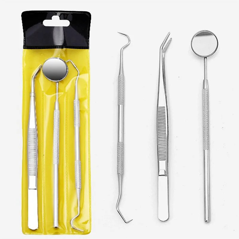 A yellow pouch containing a stainless steel dental cleaning tool set including a mirror and various instruments.