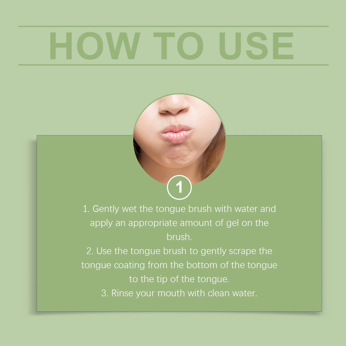 How to use instructions for a deep clean tongue scraper and refreshing gel kit showing steps for cleaning the tongue.