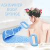 A blue silicone shower sponge exfoliating brush being used on a person's back.