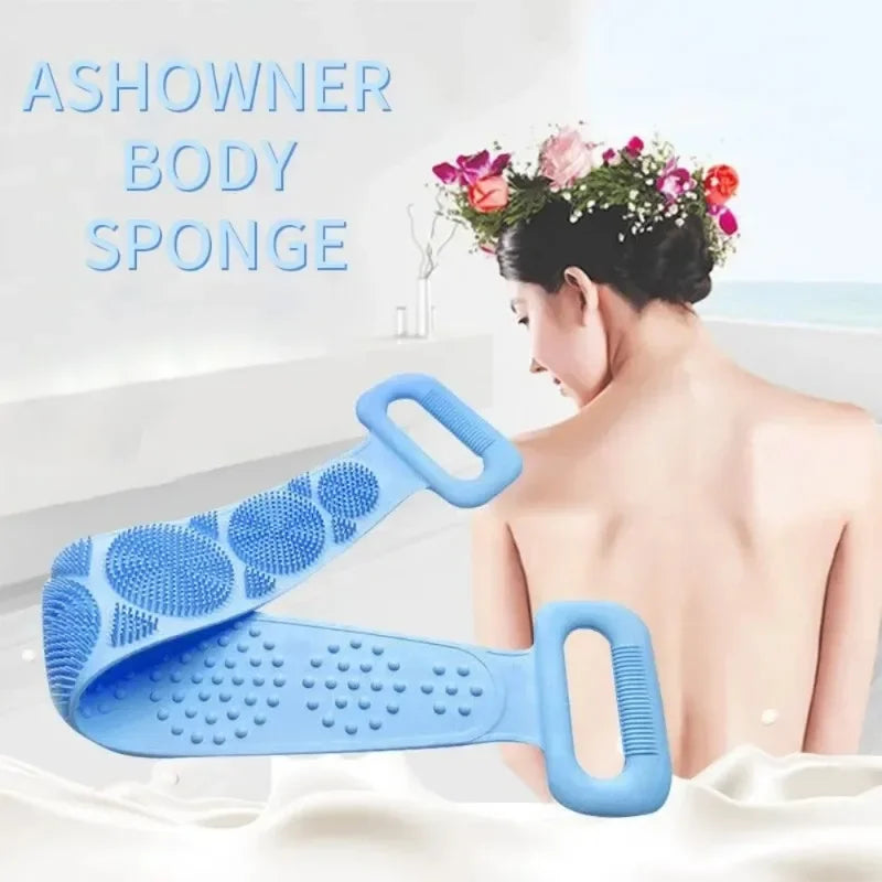 A blue silicone shower sponge exfoliating brush being used on a person's back.