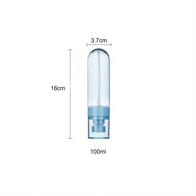 A clear, slender mist spray bottle with a blue cap and a cylindrical body, measuring 16cm long and 3.7cm in diameter, for por
