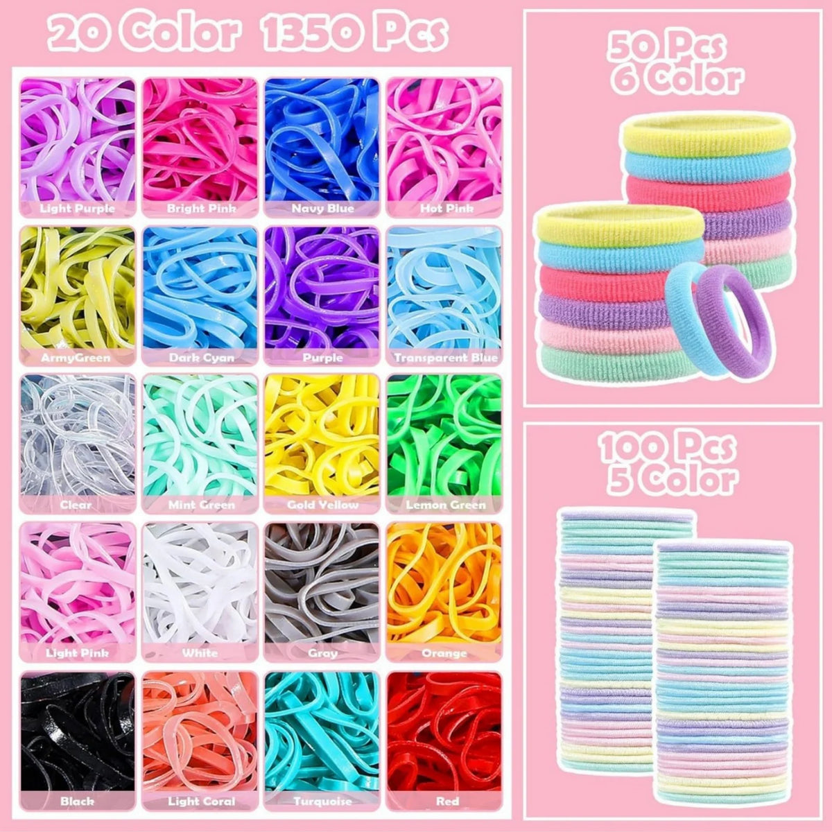 A collection of 1350 colorful elastic hair ties in various shades including purple, pink, blue, and green.