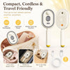 A compact cordless electric spray hair brush shown with charging cable and storage options.