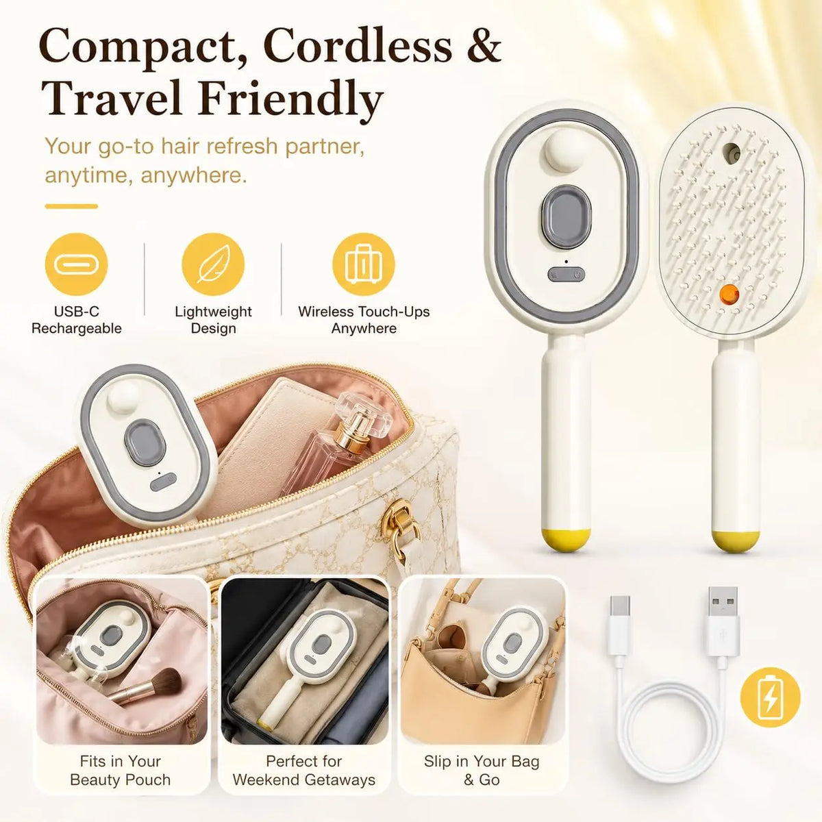 A compact cordless electric spray hair brush shown with charging cable and storage options.