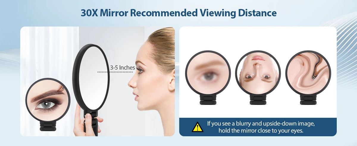 A 30X mirror is shown demonstrating the recommended viewing distance and how to avoid blurry images.