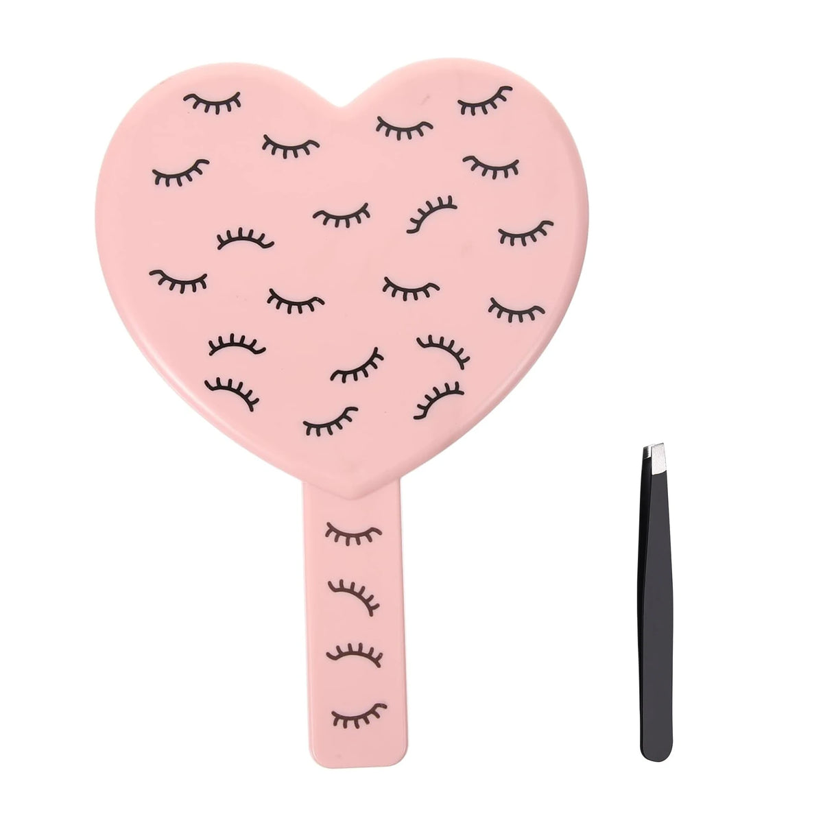 Miroir à cils en forme de cœur rose avec poignée et bâton de miroir noir séparé.