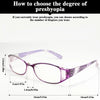 Une paire de lunettes de lecture rectangulaires violettes sur fond blanc.