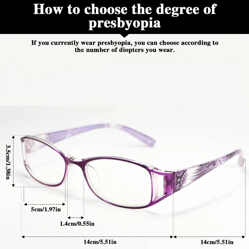 Une paire de lunettes de lecture rectangulaires violettes sur fond blanc.