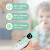 Eine Hand hält ein weißes elektrisches Nasensaugergerät, das drei Saugleinstellungen für Babys demonstriert.