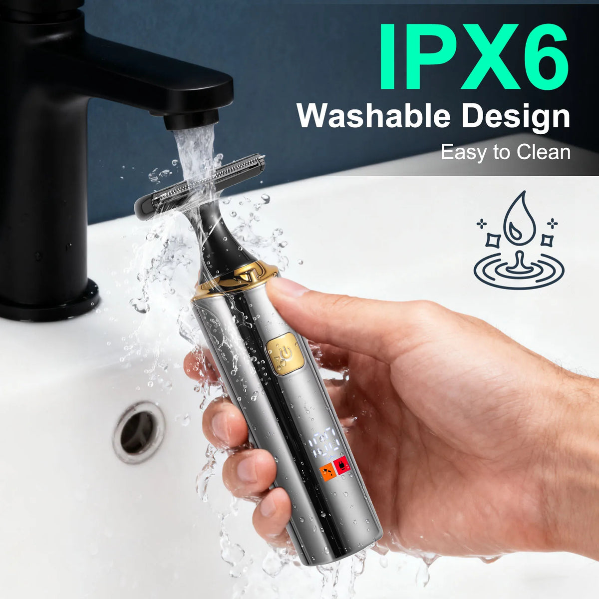 A hand is using an IPX6 washable design electric grooming trimmer to clean a faucet.