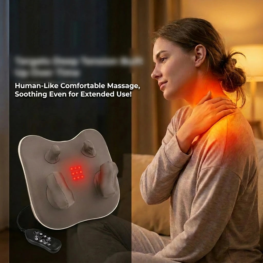 A woman is using a portable shiatsu neck massager pillow on her neck, demonstrating a human-like massage.