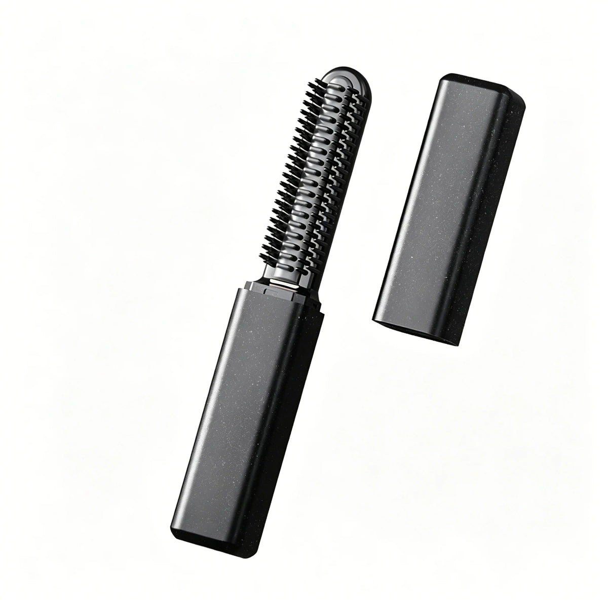 A black portable wireless hair comb and curling iron with a textured comb attachment.