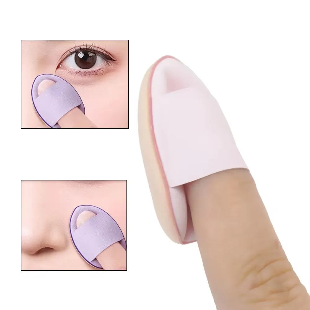 A pink makeup sponge set with purple silicone applicators shown on a hand and close-up views of the tools.