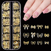 A set of 24 gold rhinestone, pearl, and charm nail decorations for Y2K style manicure