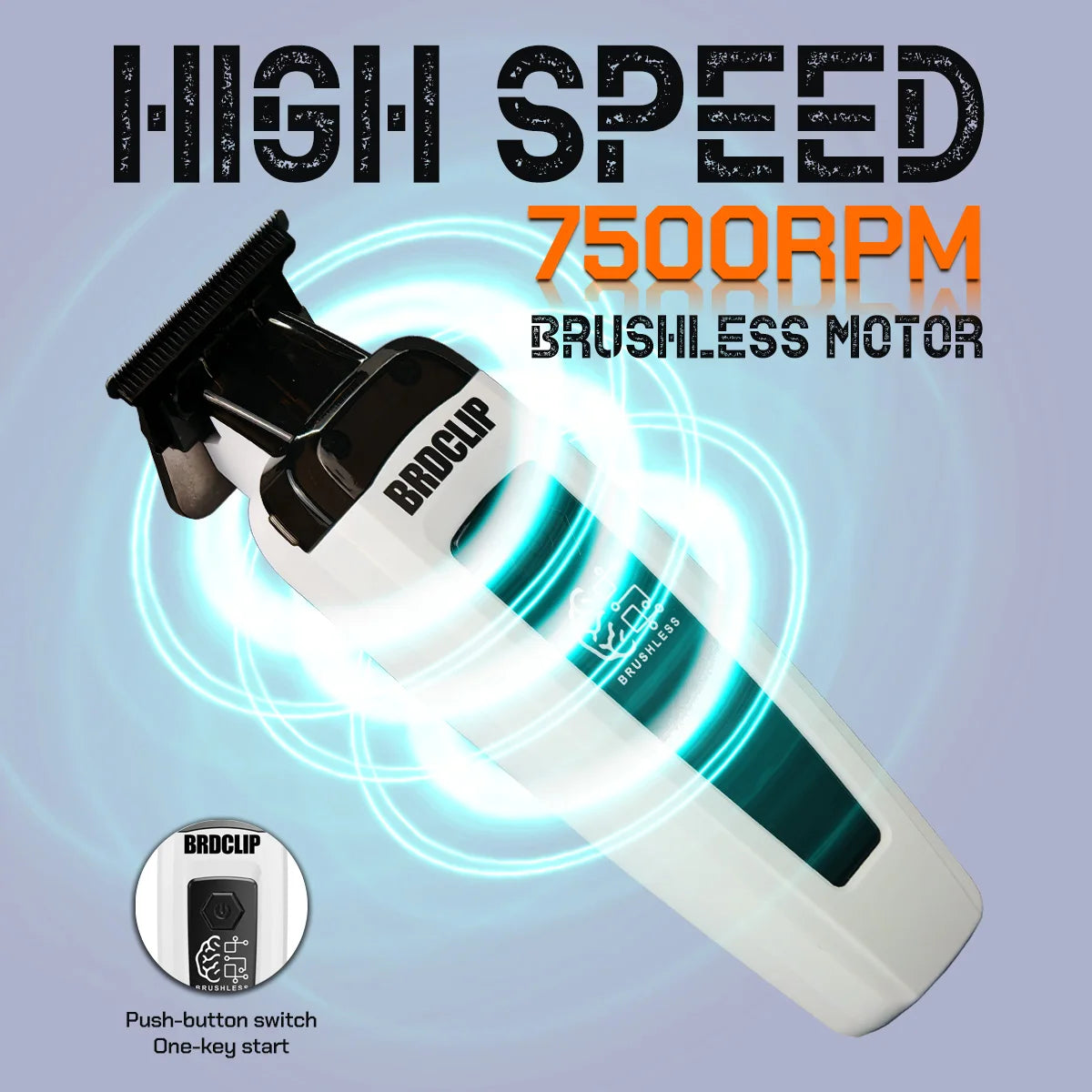 A white and black cordless hair trimmer with a green accent is shown against a light blue background.