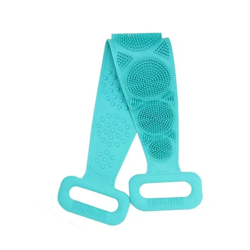 A pair of teal silicone body scrubbers with textured back brushes for massage and cleaning.