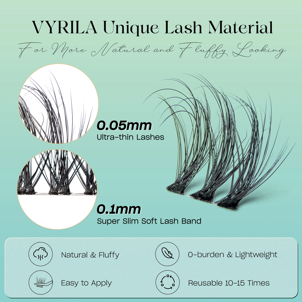 Image showing VYRILA unique lash material in 0.05mm and 0.1mm sizes, highlighting natural, fluffy lashes.