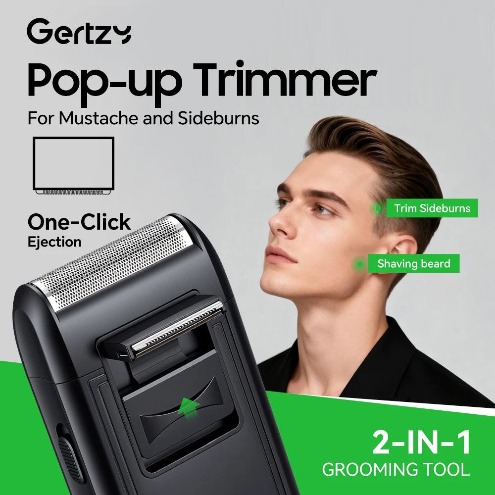A close-up of a black Pop-up Trimmer grooming tool being used on a man's sideburns and beard.