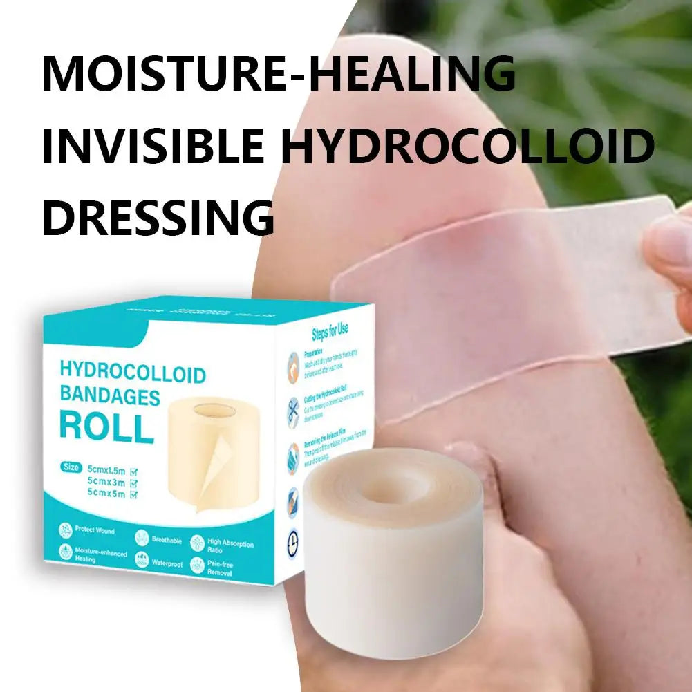 A roll of hydrocolloid bandage dressing being applied to a person's skin.