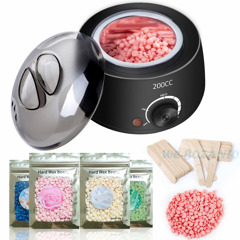 Schwarzer Paraffin-Öl-Heizkörper mit Glaskuppel und mehreren versiegelten Säcken mit rosa und weißen Wachsbohnen.