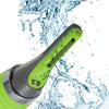 A close-up view of a lime green and silver 2-in-1 rechargeable nose and ear hair trimmer with splashing water.