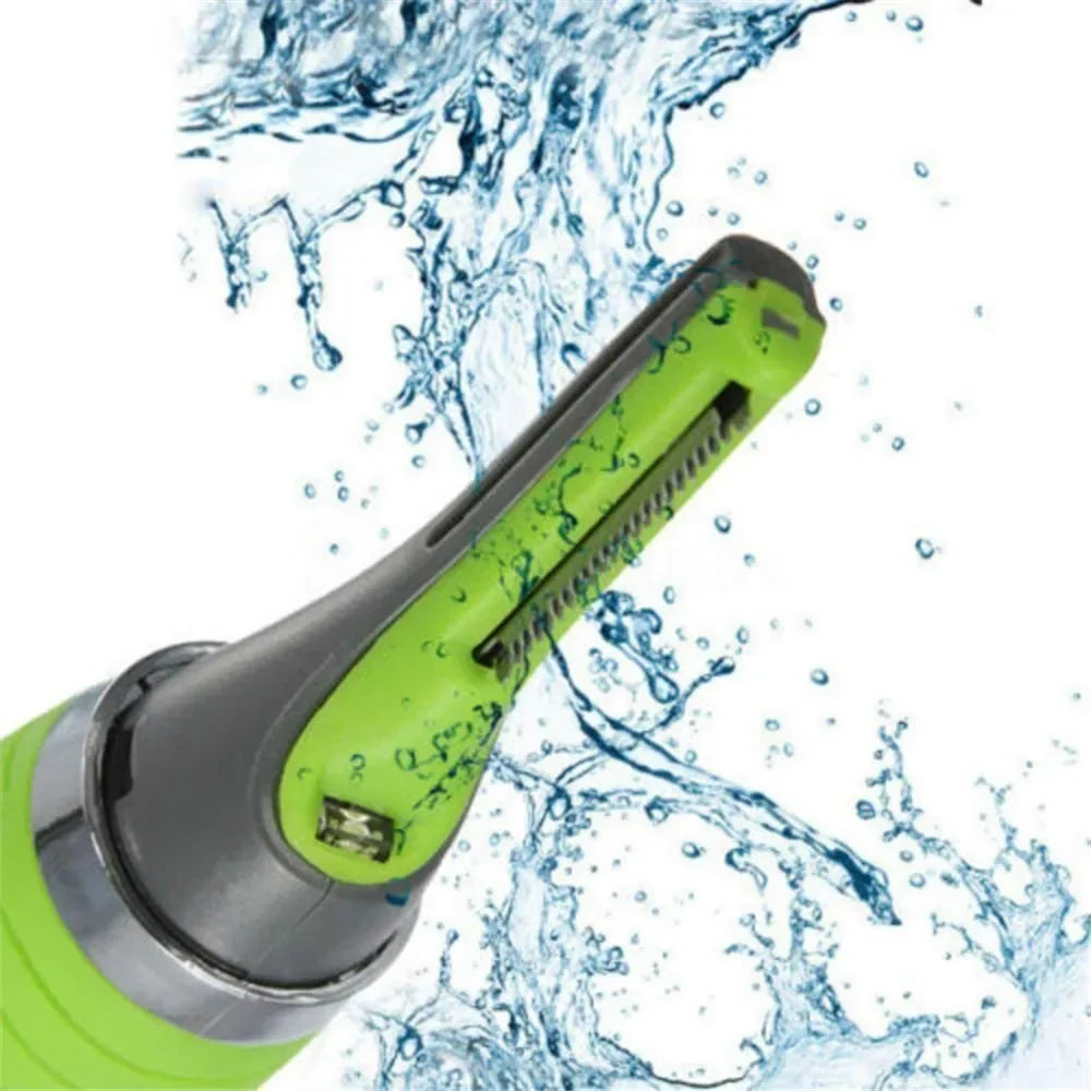 A close-up view of a lime green and silver 2-in-1 rechargeable nose and ear hair trimmer with splashing water.