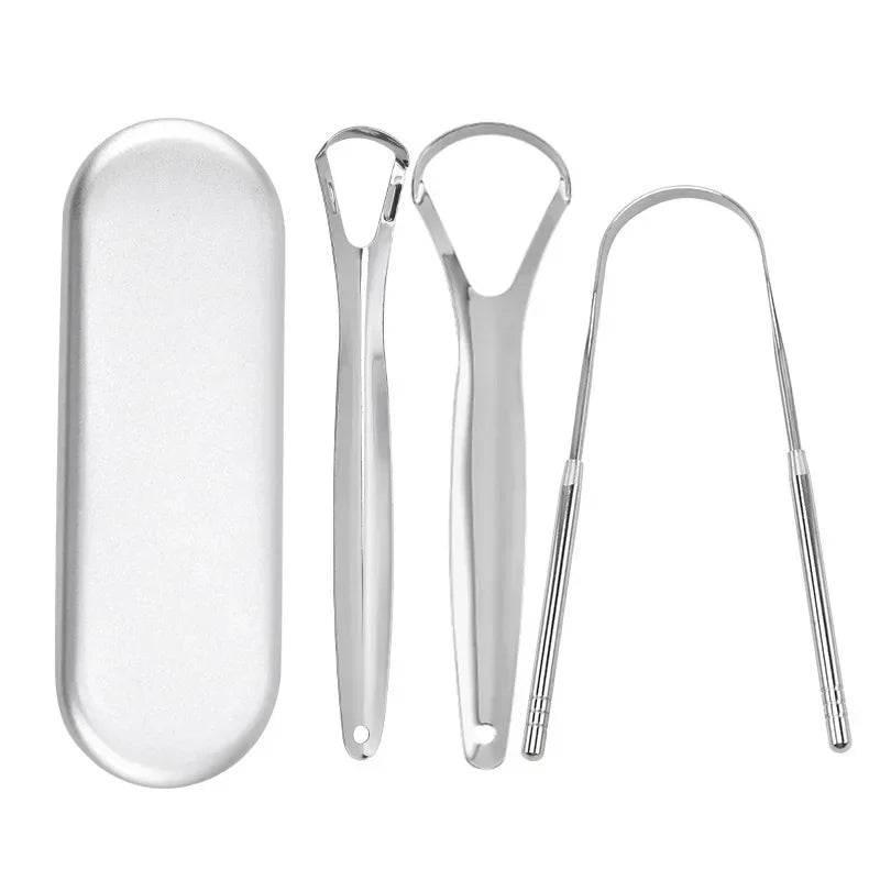 Stainless steel tongue scrapers for oral hygiene including a flat scraper and a curved scraper