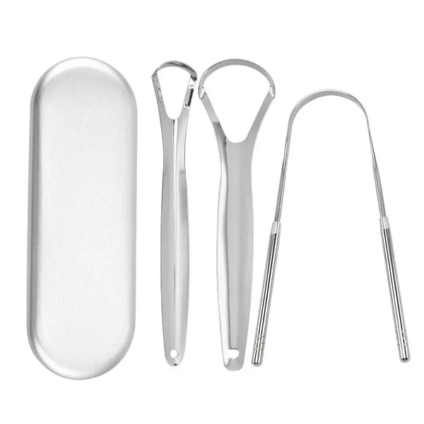 Stainless steel tongue scrapers for oral hygiene including a flat scraper and a curved scraper