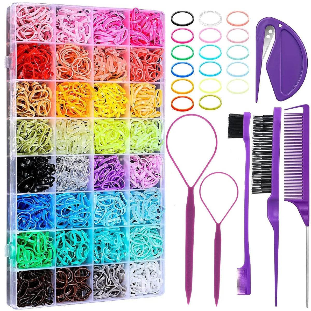 A set of 24 colorful hair ties for styling and braiding, including various colors and types of hair accessories.