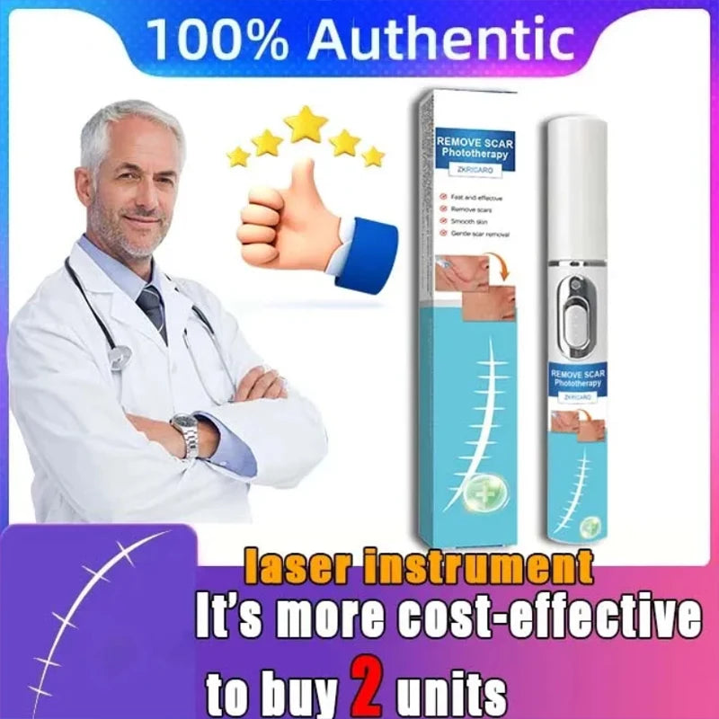 A doctor demonstrates a silicone scar care patch and a laser instrument for skin regeneration.