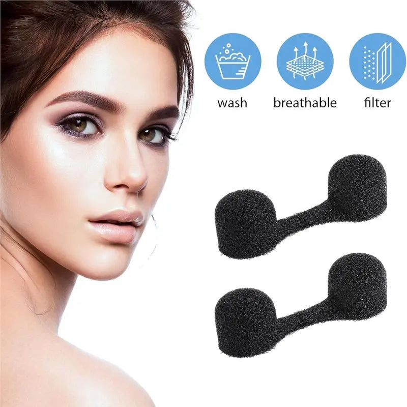 Two black disposable sponge nostril dust filters shown next to a woman's face.