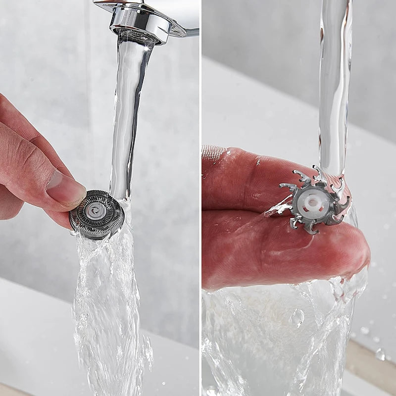 A hand is shown placing a replacement shaver head onto an electric razor during the rinsing process.