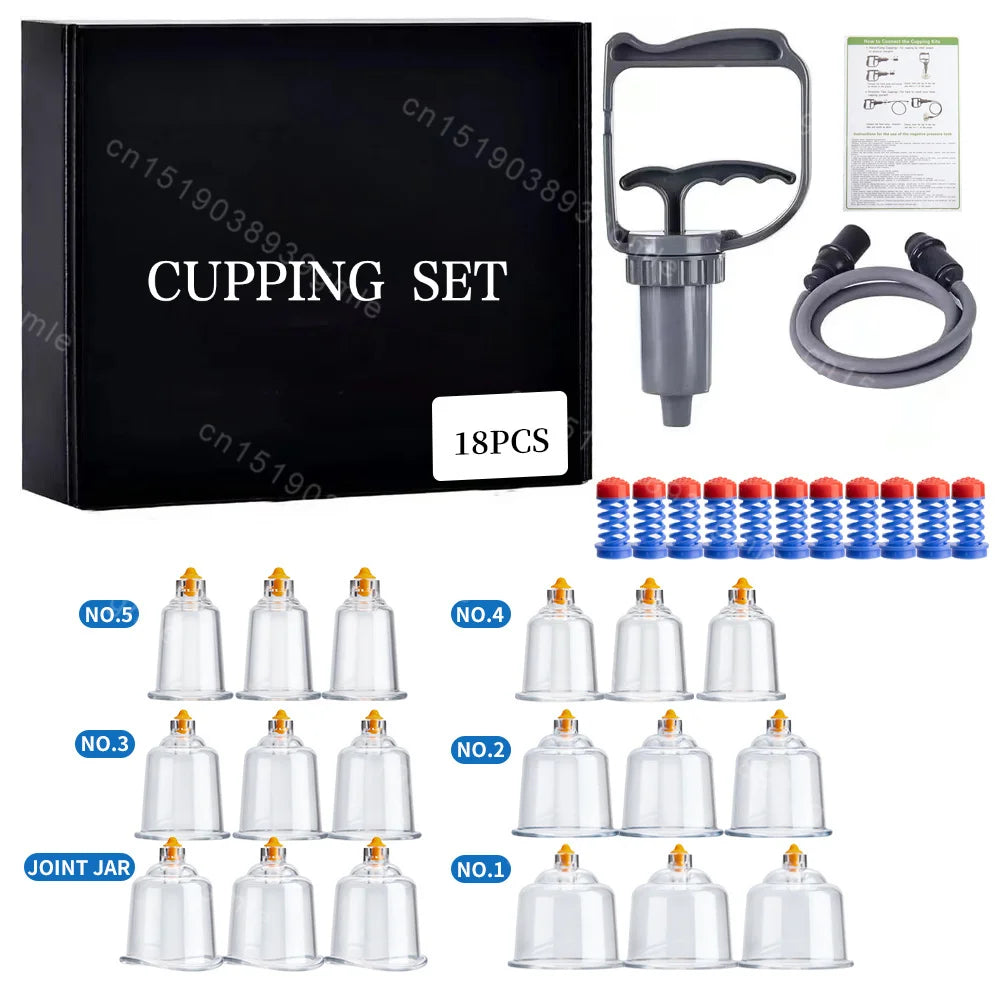 A black box containing an 18 piece cupping set including various glass and metal cups for massage.