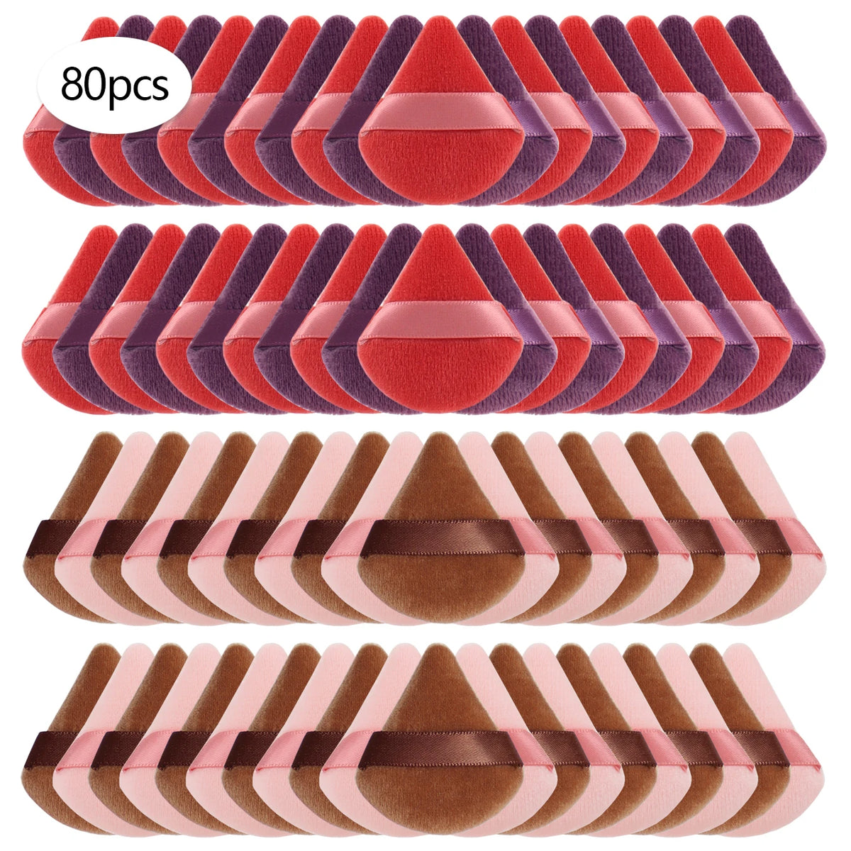 Un jeu de 80 tampons de poudre triangulaires dans des tons de rouge, rose et violet.