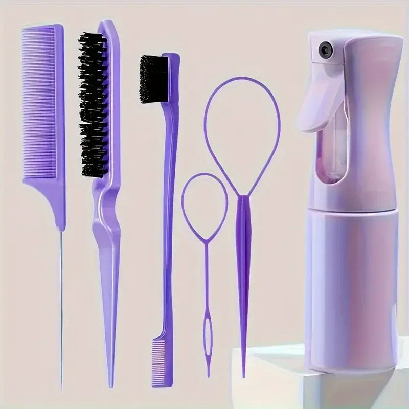 A collection of six purple hair styling tools, including brushes and a spray bottle, displayed on a white surface.