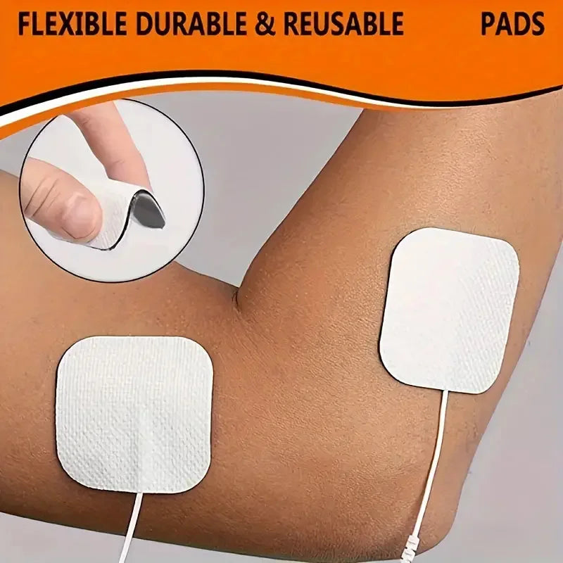 White reusable electrode pads being applied to a person's arm for muscle stimulation.