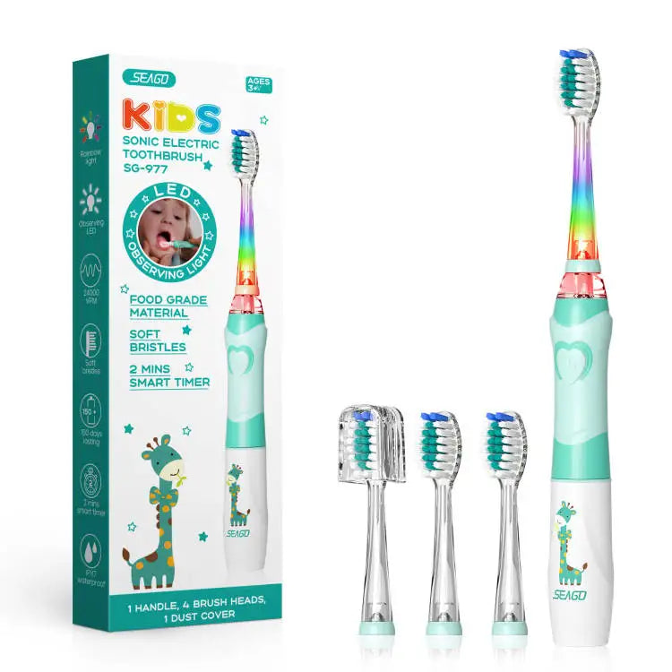A package of a kids electric toothbrush with a smart timer and LED light, showing the brush and accessories.