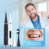 A man demonstrates an electric dental calculus scaler and toothbrush, showing a confident smile.