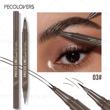 A close-up of a Precise Line eyeliner pencil in shade 03, showing the tip and application on an eyebrow.