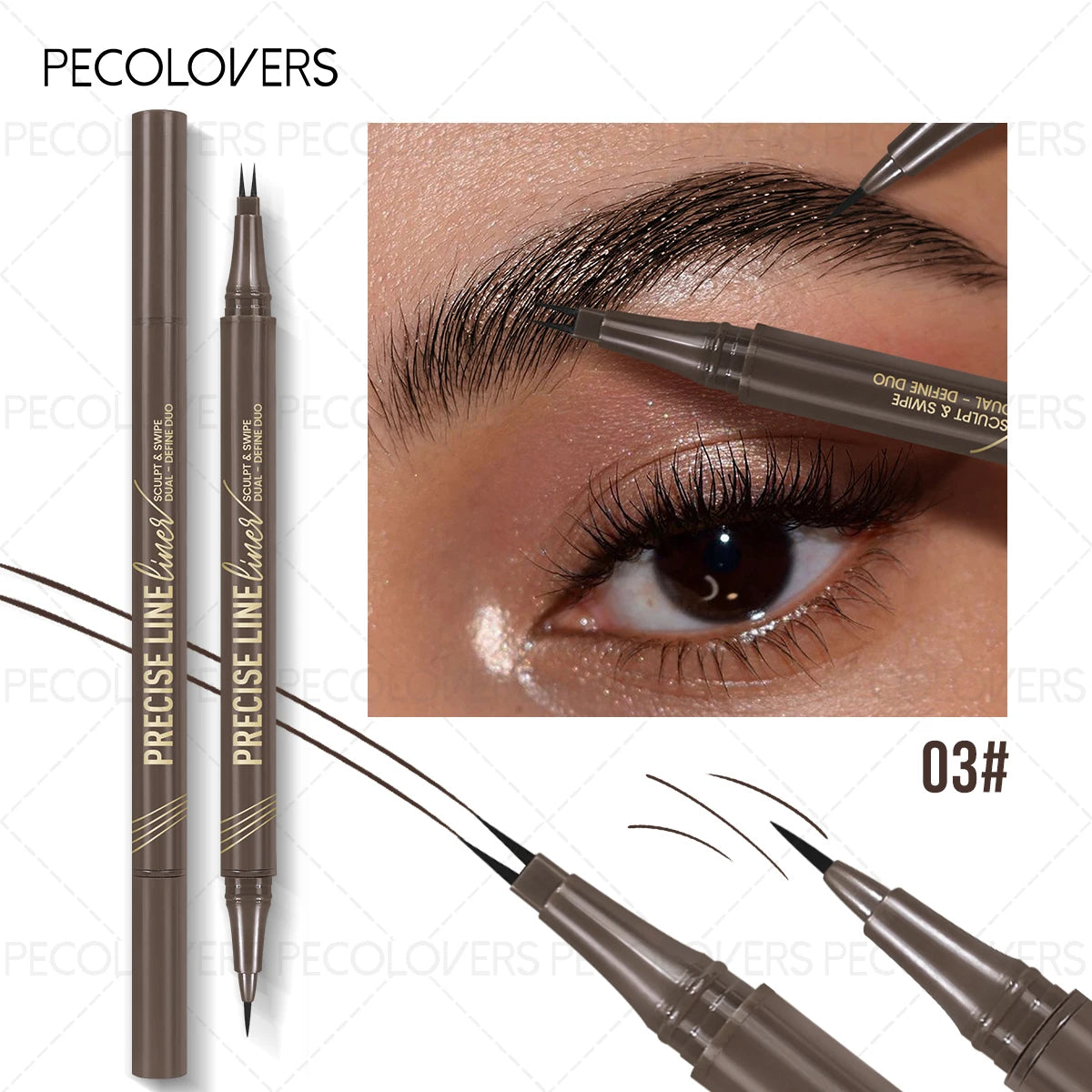 A close-up of a Precise Line eyeliner pencil in shade 03, showing the tip and application on an eyebrow.